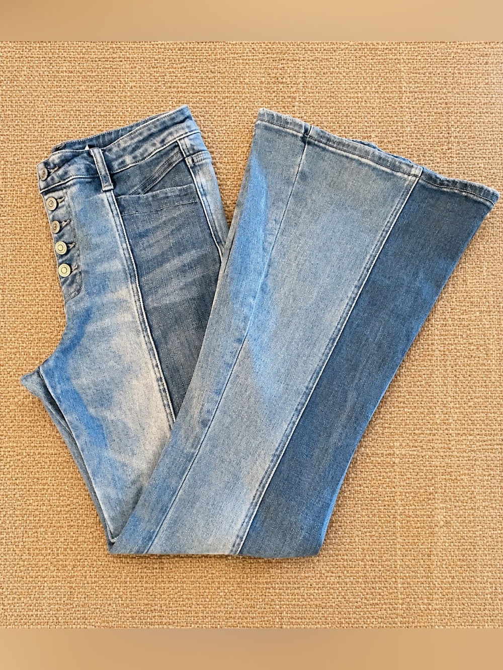 Flying Monkey Jeans Two-Tone High-Rise Super Flare Exposed Button Fly Boho Retro - Picture 3 of 16